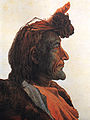Индеец-черноногий Пиох-Кяю в боевой раскраске. Акварель, 1833 г.