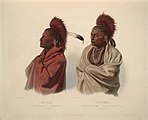 Индейцы из племени сауков и маскогов в головном уборе роуч. Акварель, 1839 г.