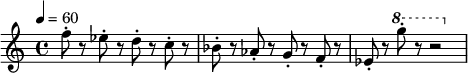  \relative c' 
{  \clef treble \time 4/4 \set Staff.midiInstrument = #"lead 1 (square)" \tempo 4 = 60
    f'8-. r8 es8-. r8 d8-. r8 c8-. r8
    bes8-. r8 as8-. r8 g8-. r8 f8-. r8
    es8-. r8 \ottava #1 g''8-. r8 r2
  }
