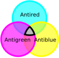 Цвета антикварка (антикрасный, антизелёный, антисиний) в комбинации также дают бесцветную античастицу.