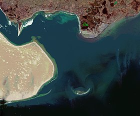 Острова Неизвестные (в нижней части снимка), Землю Бунге(жёлтый песчаный массив суши в западной части снимка) отделяет от острова Фаддеевского (коричневый массив суши в северной части снимка) залив Геденштрома