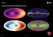 По данным финальной версии третьего каталога (англ. Data Release 3, Gaia DR3[de]) четыре карты галактики Млечный Путь: лучевая скорость (cверху слева), собственное движение (внизу слева); межзвездная пыль (cверху справа); и металличность (внизу справа).[47]