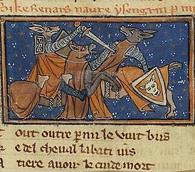Поединок Ренара с Изенгримом, миниатюра из поэмы «Renart le nouvel» Жакмара Желе (фр. Jacquemart Giélée), 1290-1300-е гг.