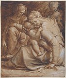 Мадонна с Младенцем, святой Анной и Иоанном Крестителем. Ок. 1550. Бумага, перо, чернила, сангина, уголь, белила. Метрополитен-музей, Нью-Йорк