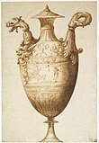 Проект вазы с Геркулесом и лилиями Фарнезе. Ок. 1540 г. Бумага, перо, кисть, коричневые чернила. Метрополитен-музей, Нью-Йорк