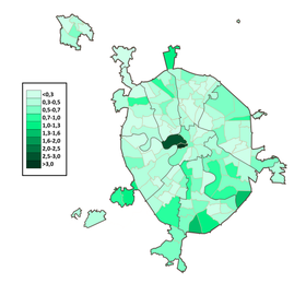 Азербайджанцы по районам Москвы в %, перепись 2010 г.