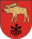 A coat of arms depicting a golden moose with large antlers and a protruding red tongue hovering over three black keys