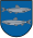 A coat of arms depicting a silver fish swimming to the right on the top and another fish swimming to the left on the bottom all on a blue background