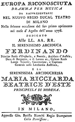 Афиша 1778 года для премьеры Признанной Европы