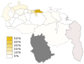 Процент голосов за PJ на региональных выборах 2004 года. Серым цветом обозначен штат Амасонас, в котором партия не участвовала в выборах.
