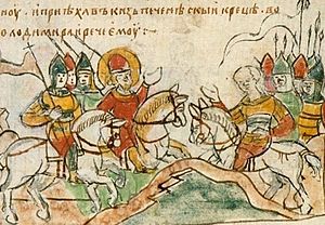 Разгром печенегов князем Владимиром в битве на Трубеже в 992 году. Миниатюра из Радзивилловской летописи.