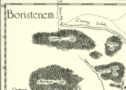 Отрезок (часть) Чёрного шляха — Czarny Szlak, а рядом Чёрный лес на фрагменте карты французского инженера де Боплана, 1650 год, на данной карте юг вверху.