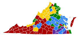 Virginia counties colored either red, blue, yellow, green, or purple based on the populations most common ancestry. The south-east is predominately purple for African American, while the west is mostly red for American. The north has yellow for German, with two small areas green for Irish. Yellow is also found in spots in the west. A strip in the middle is blue for English.