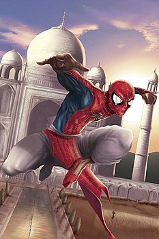 Павитр Прабхакар на обложке Spider-Man: India vol. 1 #2 (Февраль, 2005) Художник — Дживан Джей Кангruen.