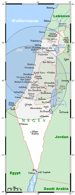 Coverage of Israel provided by two Arrow 2 batteries, derived from their published locations (Palmachim, Ein Shemer) and range (90-100 km).