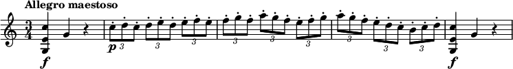 

\relative c'' {
  \version "2.18.2"
  \tempo "Allegro maestoso"
  \time 3/4
  <c e, g,>4\f g r |
  \times 2/3 { c8-.\p d-. c-. } \times 2/3 { d-. e-. d-. } \times 2/3 { e-. f-. e-. } |
  \times 2/3 { f8-. g-. f-. } \times 2/3 { a-. g-. f-. } \times 2/3 { e-. f-. g-. } |
  \times 2/3 { a8-. g-. f-. } \times 2/3 { e-. d-. c-. } \times 2/3 { b-. c-. d-. } |
  <c e, g,>4\f g r |
}
