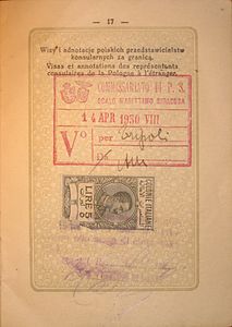 Итальянская виза в польском паспорте для посещения итальянских колоний. 1930 г.