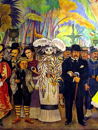 Фрагмент картины Диего Риверы «Сон о воскресном вечере в парке Аламеда». По правую руку Катрины стоят жена художника, Фрида Кало, и сам Ривера — в виде ребёнка; по левую руку — Хосе Гуадалупе Посада. Настенная живопись, Мехико