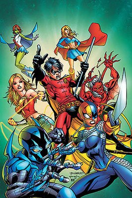 Рекламная обложка Teen Titans vol. 3, #50, От Alé Garza. Изображены: Синий жук, Опустошитель, Чудо-девушка, Красный Робин, Кид Дэвил, Мисс Марсианка, Супергёрл