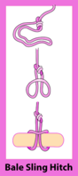 Bale sling hitch[en], Bale sling hitch. Штык на рангоуте, самый нескользящий из всех штыков, потому что нет концов для распускания. Не может затянутся, самый простой и легко расслабляемый. Используется в оснастке строп, грузовых лямках[1]. [abok 205]