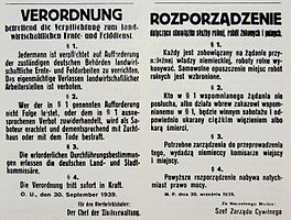 Немецкое объявление от 30 сентября 1939 года в оккупированной Польше с предупреждением о смертном приговоре отказывающимся работать во время сбора урожая.