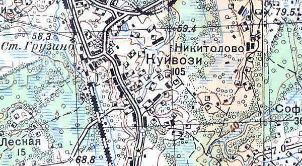 Деревня Куйвози на карте 1939 года