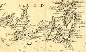 Выдержка из карты 1744 года, на которой показан Юго-Восточный Ньюфаундленд. Плезанс отмечен синим цветом, Сент-Джонс и небольшие английские поселения отмечены красным.