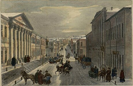 О. Кадоль. Кузнецкий Мост в 1834 г. Справа — дом Татищева