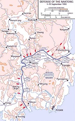 Topographic map of a defensive line along the southeast tip of a peninsula