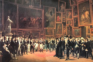 Король Карл X распределяет награды на Парижском салоне 1824 года. Картина 1827 года, Лувр. На картине портретно представлены многие ведущие художники Франции своего времени: Жан Огюст Доминик Энгр, Жан-Батист Изабе, Леон Конье и многие другие, а также композитор Россини.