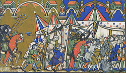 Использование фальшарды в бою. Миниатюра из «Библии Мациевского». 1240—1250-е годы.