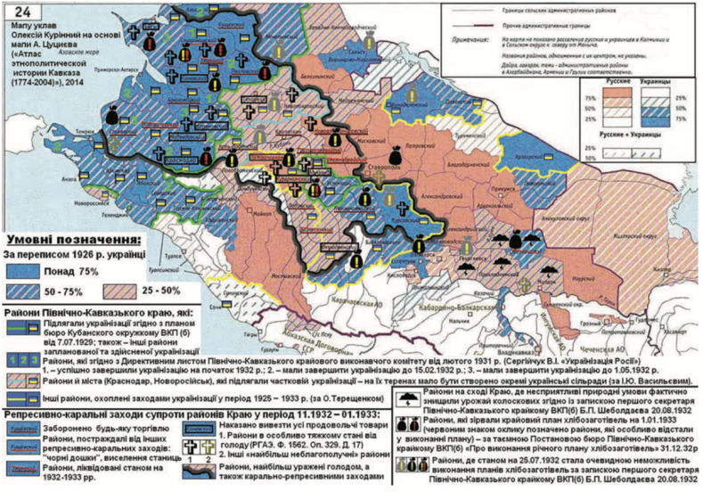 Куринный О. Карта геноцида украинцев Северного Кавказа в 1932 – 1933 гг. Сделана на основе карты: Русские и украинцы – различение переписью