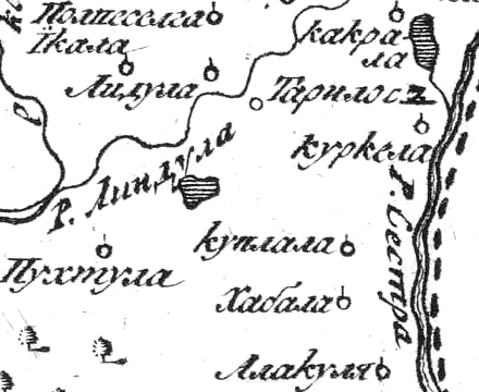 Деревня Линтула (Лидула) на русской карте 1745 года