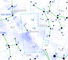 Diagram showing star positions and boundaries of the Norma constellation and its surroundings