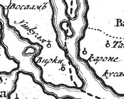 Деревня Ушкуля на русской карте 1745 года